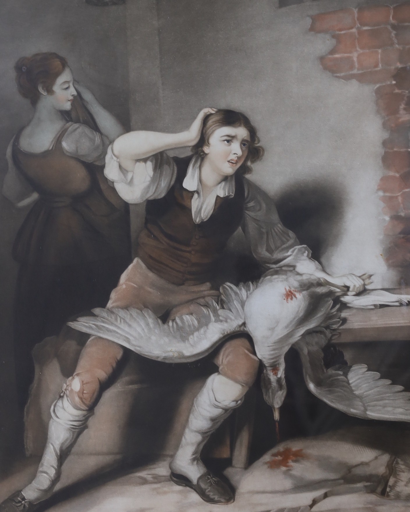 John Young after Richard Morton Paye, pair of colour mezzotints, 'The boy discovering the golden eggs' and 'The boy disappointed of his treasure', 61 x 47cm, rosewood framed